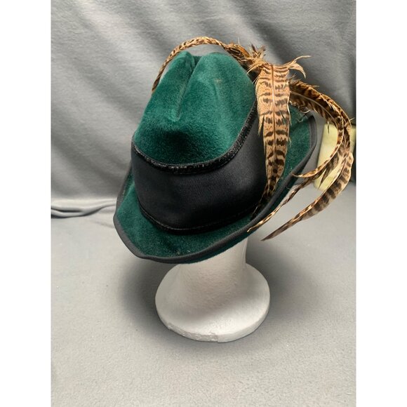 Tyrolean Green Felt Fedora Hat With Feather & Button Accents Size 22 - Picture 5 of 12